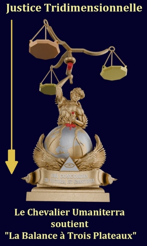 Umaniterra-Darstellung einer Figur, die eine Waage mit drei Schalen trägt.