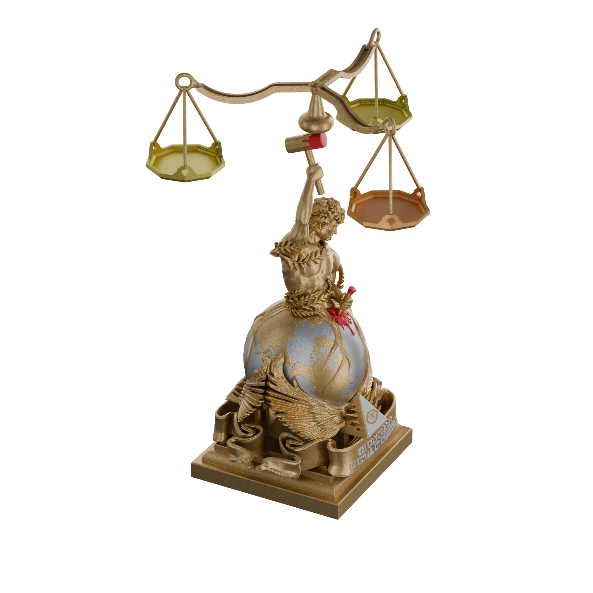Eine Umaniterra-Figur trägt eine Dreischalenwaage über einem Globus.